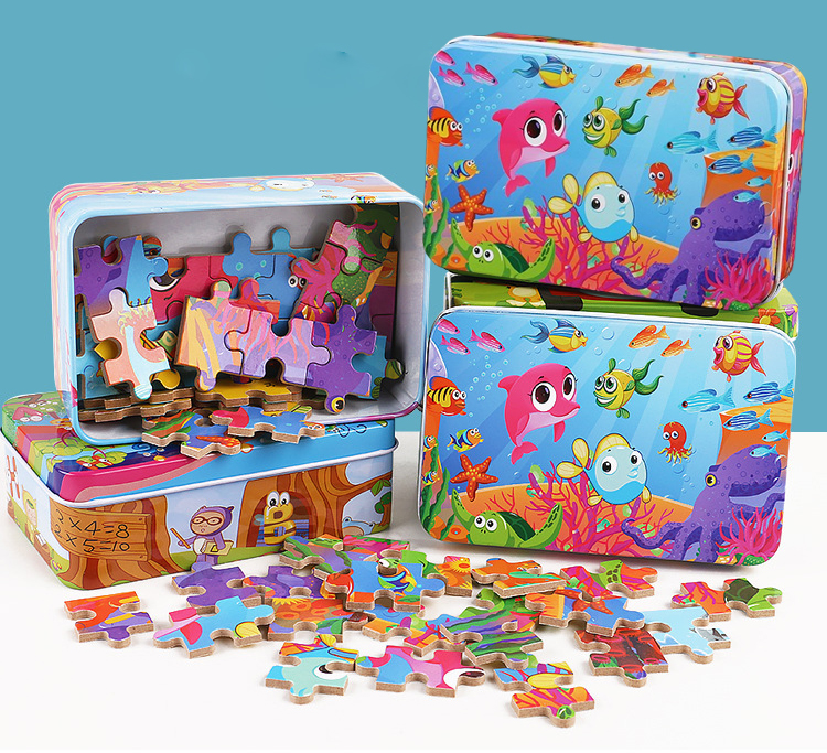 60 Pieces Premium Wooden Puzzle - Kids Educational Toy | Colorful Print with Iron Box (Underwater World) - Image 2